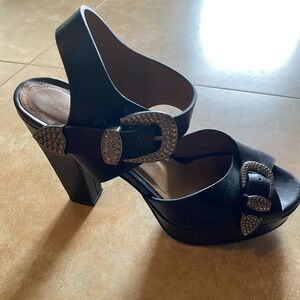 Sonia Rykiel Black Leather Statement Silver Buckle Platform Heels Size 39